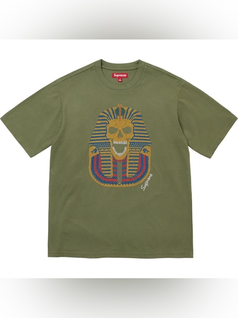 Supreme King Tut Olive S/S Top FW25 Rhinestone Studded Graphic Men’s Size XL.